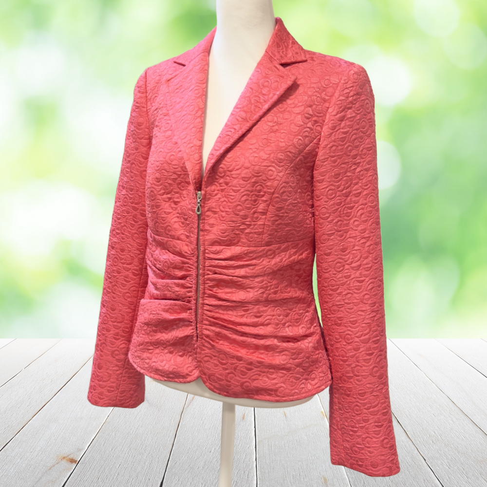 Vintage MAGGY LONDON Blazer Coral Pink Jacquard Zip Front Ruched Fitted Size 6
